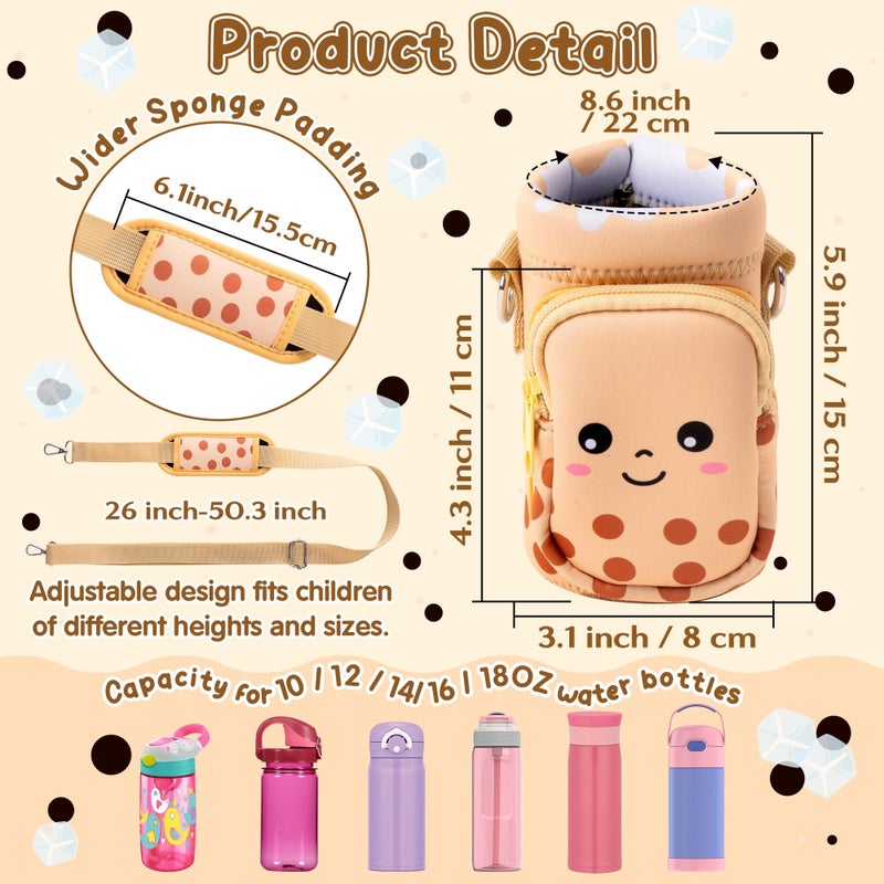 2ooya Bubble Tea Water Bottle Carrier Bag with Strap for Kids - Cute khaki Neoprene Insulated Water Bottle Bag Holder with Padded Strap Pocket 10/12/14/16/18Oz for Boys Girls School Walking Hiking Camping - Image 2